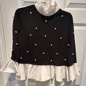 SHEIN Black Sweater Faux 2 in 1 Blouse with White Pearl Details